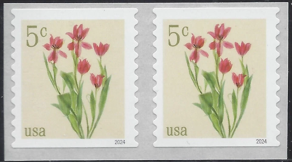 US 2024 Stamps 5 cent Red Tulips Scott #5905 coil pair - Image 1 of 1