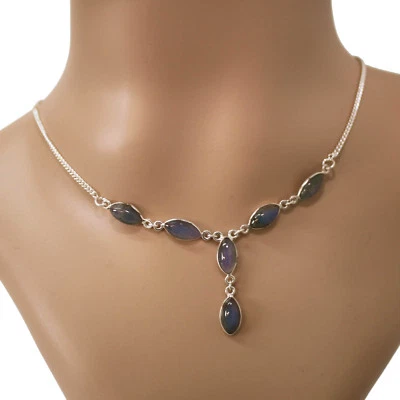 Labratorite Argento Collana 925 Collier 40cm Cabochon Pietre Preziose Blu Verde - Immagine 1 di 4