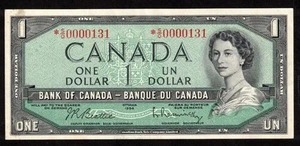 1954 Canada $1 replacement note Beattie Rasminsky Low # *S/O 0000131 CH AU - Picture 1 of 2