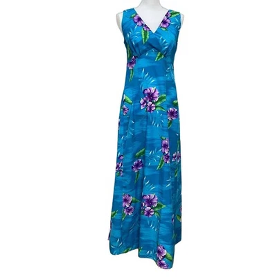 Hilo Hattie’s Hawaii 1970s Vintage Size 8 Blue Floral Hibiscus Train Maxi Dress - Image 1 of 4