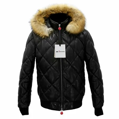 Kiton Genuine Leather Raccoon Fur Hooded Men's Black Quilted Bomber Jacket - Image 1 of 4