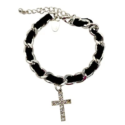 Y2K Аризона женщин серебристого тона и кожи со стразами крест браслет сплетенная цепочка - Изображение 1 из 3