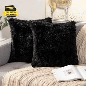 Pack of 2 Black Throw Pillow Covers Luxury Fluffy Pillows Faux Fur Decorative Pi - Picture 1 of 6