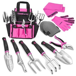 Pink Garden Tools, Gardening Gifts for Women, with 2 in 1 Detachable Storage - Picture 1 of 8