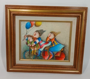 Joyce Roybal Three Cyclist with Ballons Framed 8 X 10 Signed Oil Painting - Picture 1 of 5