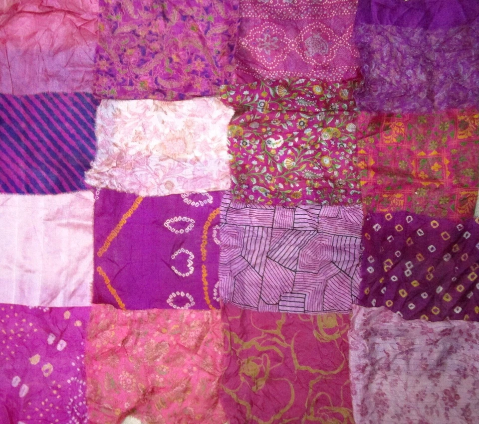 LOT PURE SILK Vintage Sari Fabrics REMNANT 16 pcs 8" SQUARES Pink Magenta CRAFT - Image 1 of 4