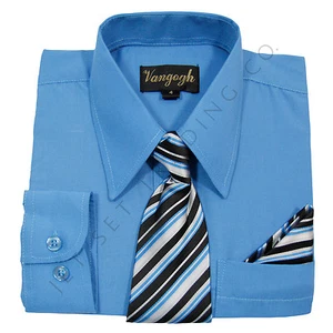 Boys Vivid Blue Dress Shirt V2000 with Matching Tie & Hankie Long Sleeve 4 to 20 - Picture 1 of 4