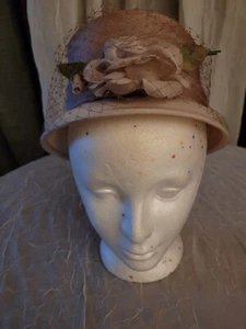 Vintage Ladies Hat Beige With Tan Flowers & Netting - Union Made - Picture 1 of 8