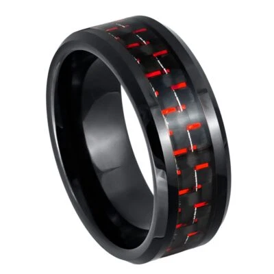 Tungsten Ring Band Black IP Plated with Red & Black Carbon For Men & Women - Image 1 of 4