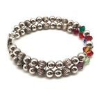 Vintage 925 Sterling Silver Double Row Bead Ball Multi Color Crystal Bracelet 7"