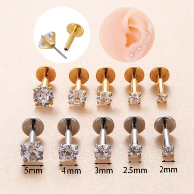 Stud Earring Piercing Zircon Gem Flat Back Push In Tragus Helix Cartilage Labret - Image 1 of 4