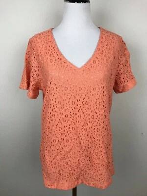 Liz Claiborne T-Shirt Orange Lace Tee V neck Shirt Size Medium Top SS Coral - Image 1 of 4