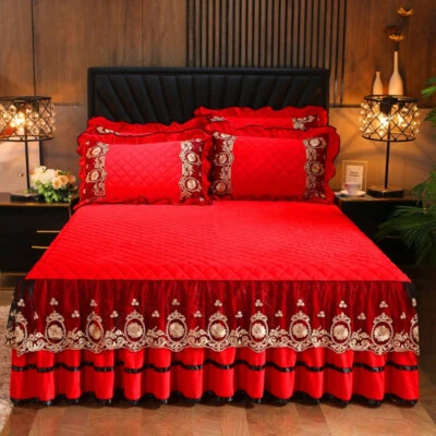 Embroidered Lace Velvet Bedspread King Full Quilted Soft Double Bed Skirt Sheet - Image 1 of 4