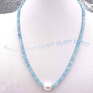 Faceted 2x4mm Blue Aquamarine Roundel Gems &11-12mm White Pearl Necklace 16-28''