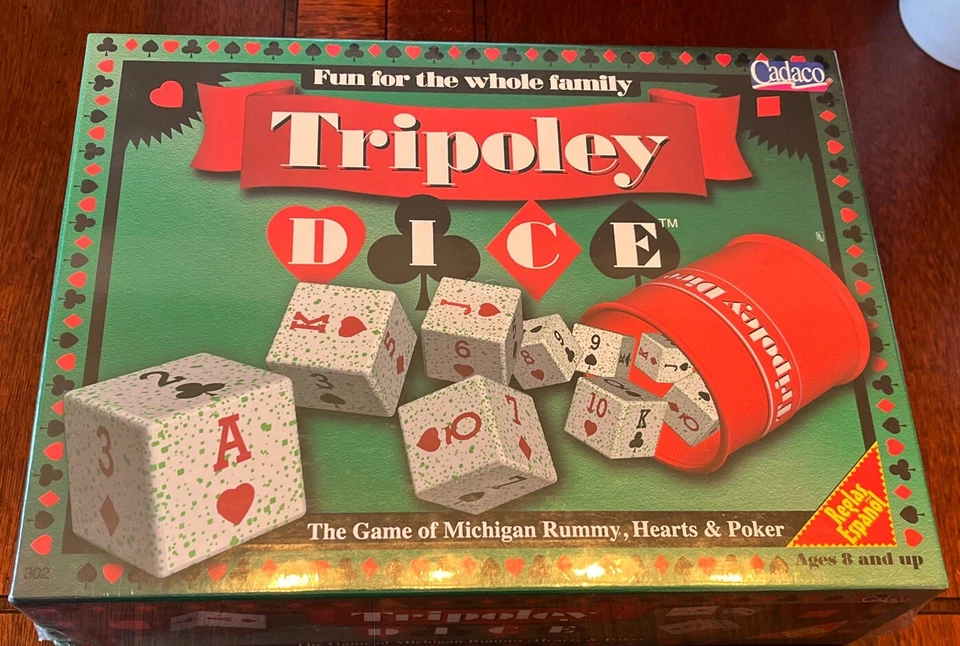 Tripoley Dice The Game of Michigan Rummy Hearts Poker 302 Cadaco 1997 Complete