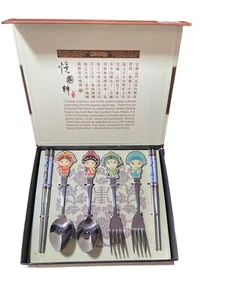 Chinese Peking Opera Characters Stainless Flatware-Chop Stick Set for 2 New - Picture 1 of 4