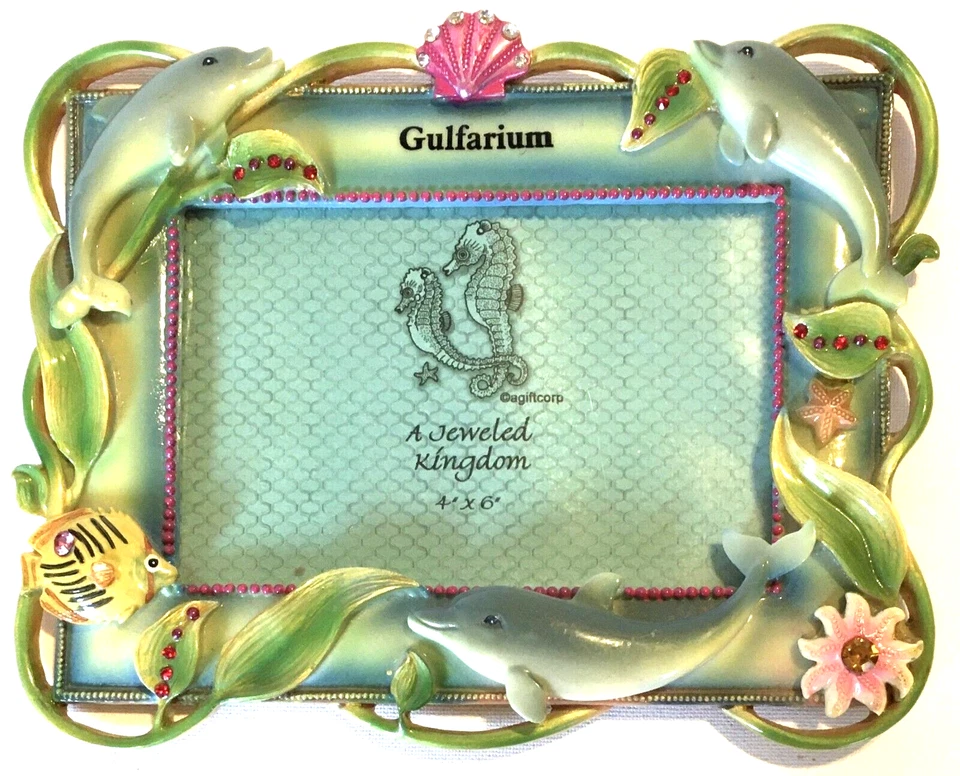 Marco de fotos delfines océano Gulfarium 4x6" peces conchas marinas cristales 3D ¡DEFECTO! Foto 1 de 4