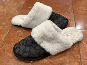 COACH ZIVA GREY BLACK WHITE FAUX FUR SLIP ON SLIPPERS SCUFFS FLATS 9 39.5 M LN - Picture 1 of 9