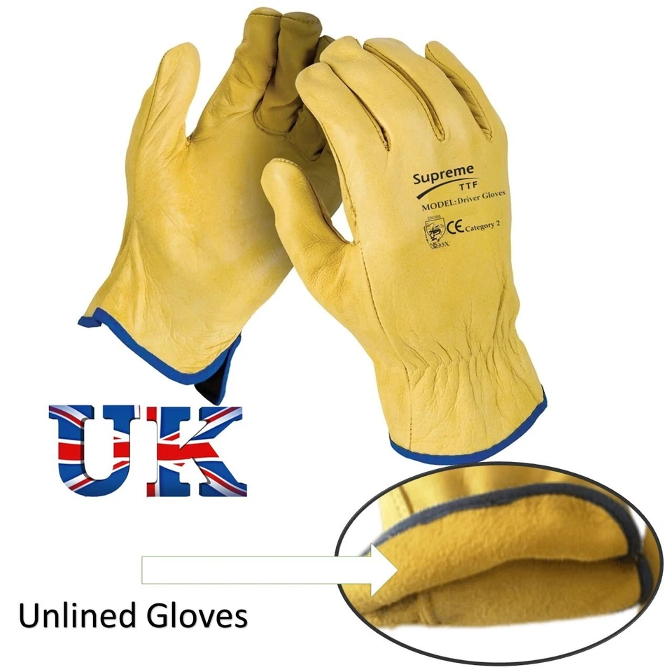SUPREMETTF Driver UNLINED Leather Work Gloves Thorn Proof Lorry Gardening Yellow Gloves
