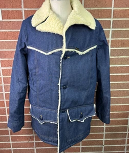 Vtg Sears Roebucks Western Wear Faux Sherpa Lined Denim Coat 44 XT Workwear 70s - Picture 1 of 18