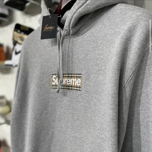 Authentic Supreme Burberry Box Logo Heather Grey Hoodie Medium - Picture 1 of 6
