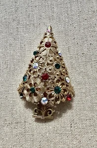 Broche prendedor vintage firmado MYLU árbol de Navidad tono dorado estrás - Imagen 1 de 8