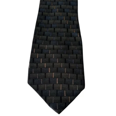 "Corbata de seda DKNY negra gris patrón de rejilla geométrica minimalista moderna 4"" 59""" Foto 1 de 4