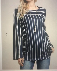 Túnica Suzanne Betro Manga de Campana Azul Marino y Blanco Despojado Talla M Nueva con Etiquetas - Imagen 1 de 9