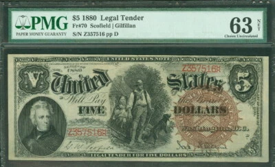 $5.00 Legal Tender “Woodchopper” Brown Seal 1880 Fr#70 PMG Gr 63 Net Choice UNC - Image 1 of 2