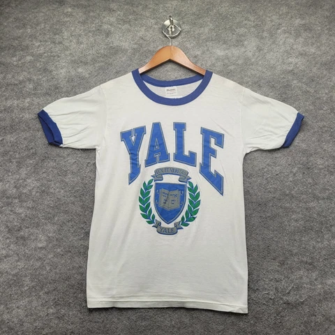 Vintage 1985 YALE University Ringer T-Shirt Small White Blue 80s Single Stitch Cover