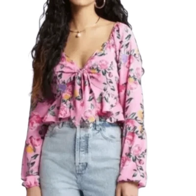 Vero Moda Nya Catch top Medium Barbie pink floral tie bust babydoll crop NWT - Image 1 of 4