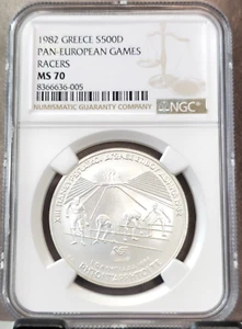 1982 GREECE SILVER 500 DRACHMAI PAN EUROPEAN GAMES RACERS NGC MS 70 PERFECTION - Picture 1 of 3