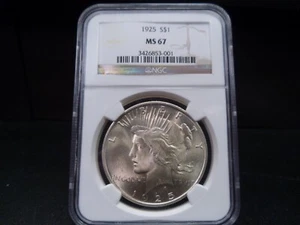 1925 MS67 Peace Dollar NGC Certified Superb Gem - Frosty White/Light Gold Hue - Picture 1 of 8