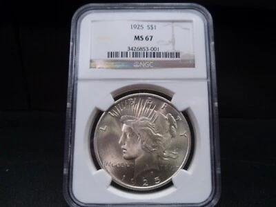 1925 MS67 Peace Dollar NGC Certified Superb Gem - Frosty White/Light Gold Hue - Image 1 of 4
