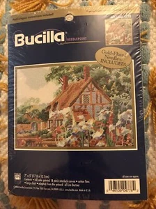 Bucilla “ April Cottage” Needlepoint Kit Thatched Roof Garden Flowers Bridge - Picture 1 of 2