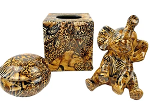 Lot of 3 Safari Print Glazed Trinket Box, Elephant, Tissue Box, Ceramic. - Picture 1 of 12