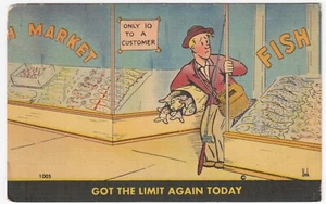 Fisherman Leaving Fish Market with Daily Limit, Comic ART Unk Postcard - Picture 1 of 2