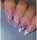 Papillon violet faux ongle court presse amande sur ongles pour décoration nail art 24 pièces