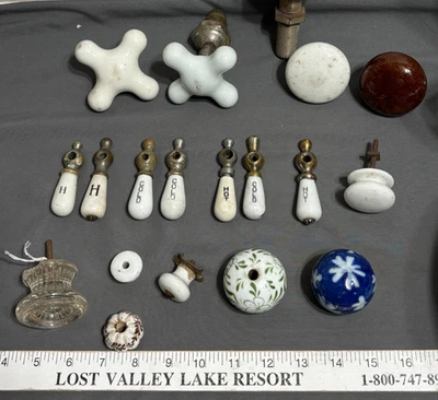 Lot 18 antique PORCELAIN hand painted FAUCET Handle HOT COLD Drawer Door Knobs - Image 1 of 4