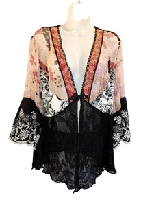 Stunning Spencer Alexis Black Pink Floral Lace Cardigan 1X kimono silk blend - Picture 1 of 6