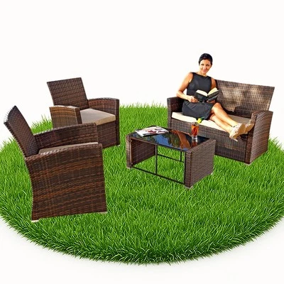 GARTENMÖBEL 4-TLG RATTANSOFA SET SITZGARNITUR POLYRATTAN SOFA MÖBEL LOUNGE - Bild 1 von 4