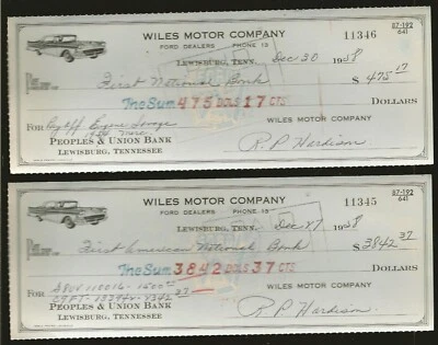 Pair of 1958 Wiles Motor Company FORD Lewisburg TENN Peoples Union Bank Checks - Image 1 of 2