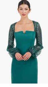 NEW JS COLLECTIONS Teal KIM Sequin BALLON LONG SLEEVE Column EVENING GOWN 6 - Picture 1 of 4