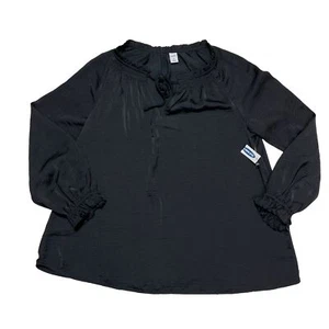 Old Navy Womens Medium Peasant Blouse Crinkle Ruched Neck Long Sleeve Black NWT - Picture 1 of 6