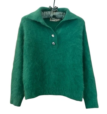 PRECIOSO Suéter Angora Años 50 - Verde - Perlado Cuello Dos Botones - Hecho en Japón - Pequeño Foto 1 de 4