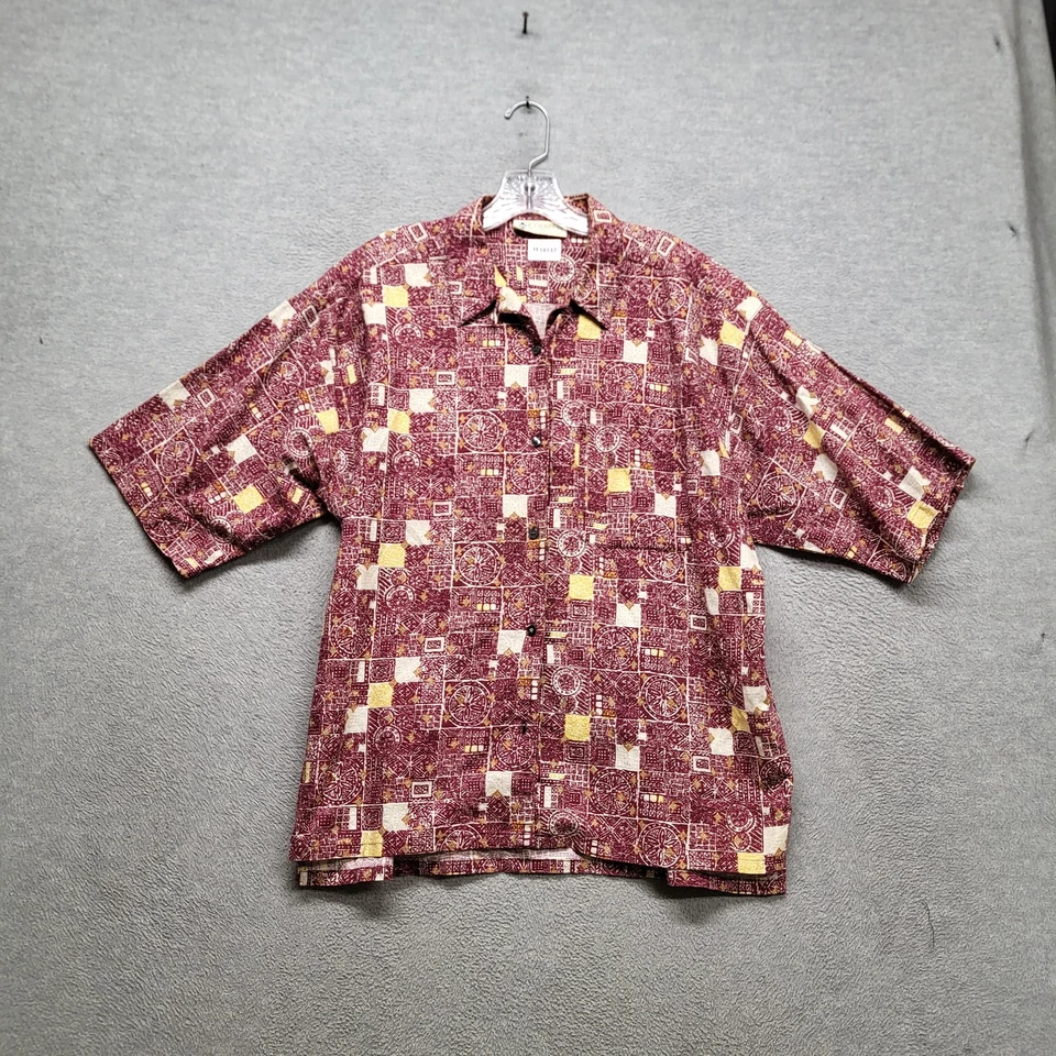Camisa feminina vintage Columbia com botões grande borgonha geométrica manga curta - Imagem 1 de 4