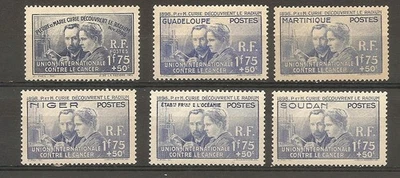 France & Colonies 1938 Pierre & Marie Curie 6 stamps MLH - Image 1 of 2