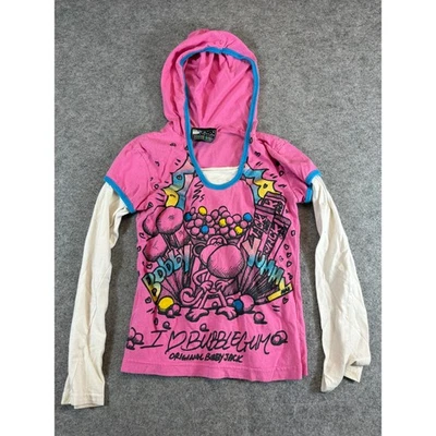 Vintage Y2K Shirt Youth Medium Pink Layered Long Sleeve Hoodie Monkey Graphic - Image 1 of 4