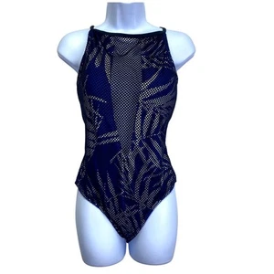 LOVE MY CURVES One Piece Plunge Halter Swimsuit Sz 16 Blue Tropical Black Mesh - Picture 1 of 9