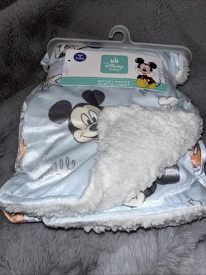 New Disney Baby Mickey Mouse Blue Fleece Sherpa Character Print Blanket 30 X 40 - Image 1 of 4